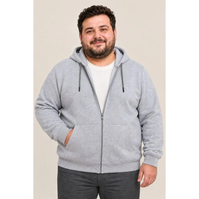 Erkek Battal Büyük Beden Üç İplik İçi Şardonlu Kapüşonlu Tam Fermuarlı Kışlık Sweatshirt - Gri