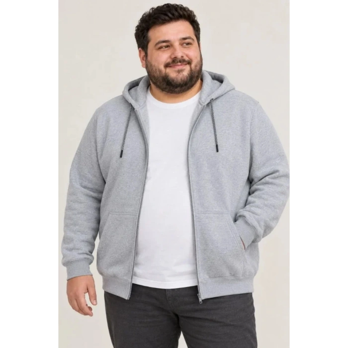 Erkek Battal Büyük Beden Üç İplik İçi Şardonlu Kapüşonlu Tam Fermuarlı Kışlık Sweatshirt - Gri