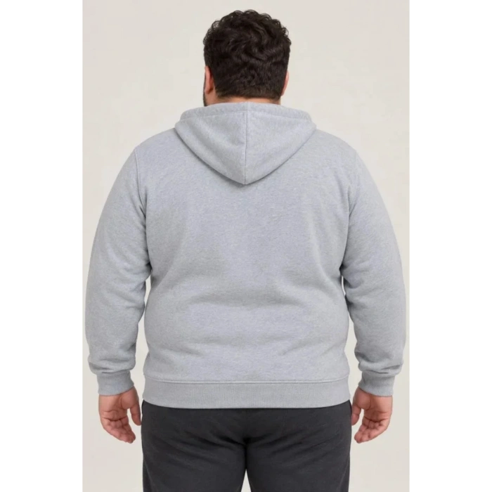 Erkek Battal Büyük Beden Üç İplik İçi Şardonlu Kapüşonlu Tam Fermuarlı Kışlık Sweatshirt - Gri