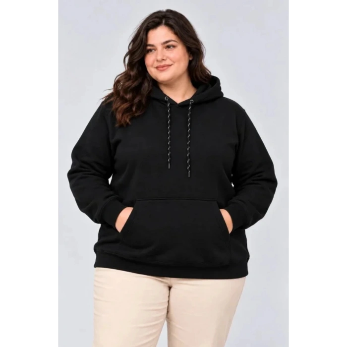 Battal Büyük Beden Üç İplik İçi Şardonlu Kapüşonlu Kanguru Cepli Kışlık Sweatshirt - Siyah