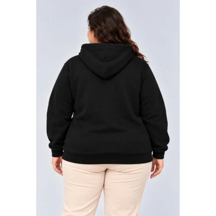 Battal Büyük Beden Üç İplik İçi Şardonlu Kapüşonlu Kanguru Cepli Kışlık Sweatshirt - Siyah
