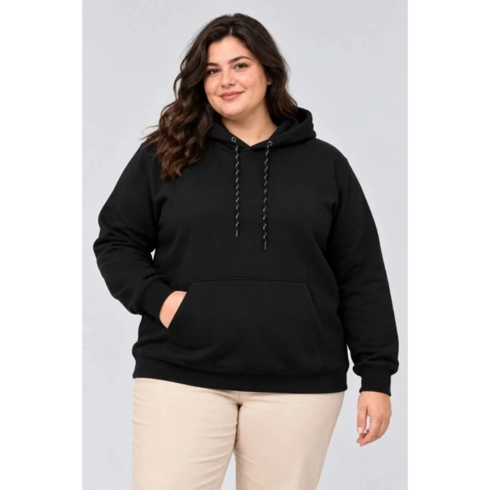 Battal Büyük Beden Üç İplik İçi Şardonlu Kapüşonlu Kanguru Cepli Kışlık Sweatshirt - Siyah
