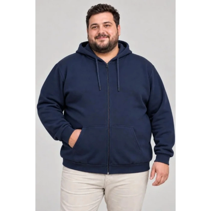 Erkek Battal Büyük Beden Üç İplik İçi Şardonlu Kapüşonlu Tam Fermuarlı Kışlık Sweatshirt - Lacivert