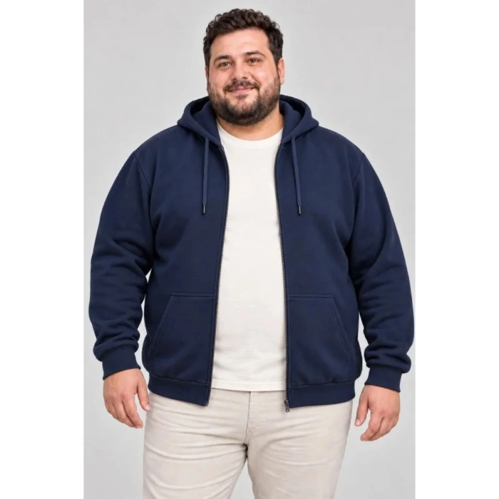 Erkek Battal Büyük Beden Üç İplik İçi Şardonlu Kapüşonlu Tam Fermuarlı Kışlık Sweatshirt - Lacivert