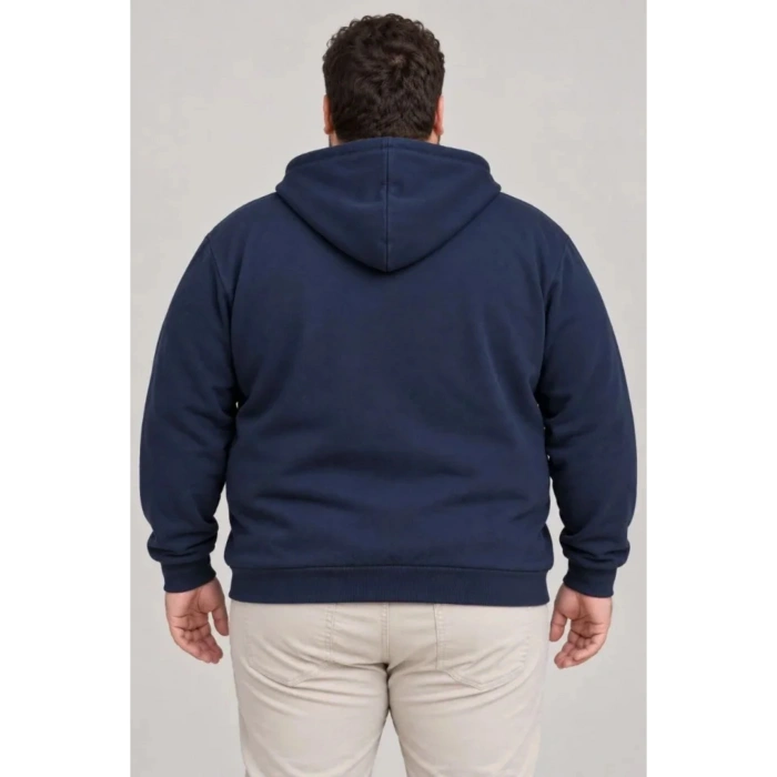 Erkek Battal Büyük Beden Üç İplik İçi Şardonlu Kapüşonlu Tam Fermuarlı Kışlık Sweatshirt - Lacivert