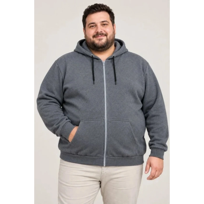 Erkek Battal Büyük Beden Üç İplik İçi Şardonlu Kapüşonlu Tam Fermuarlı Kışlık Sweatshirt - Füme