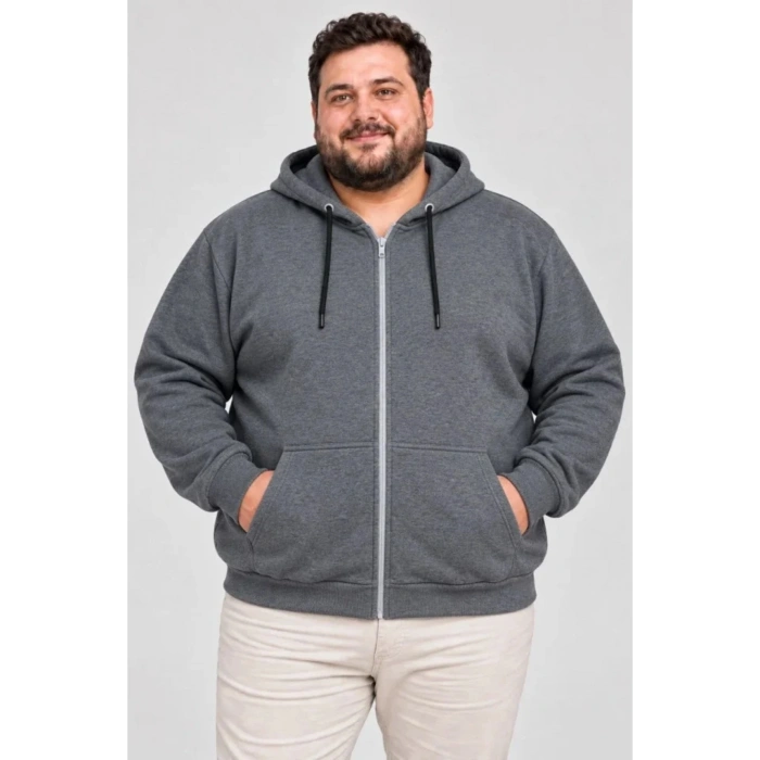 Erkek Battal Büyük Beden Üç İplik İçi Şardonlu Kapüşonlu Tam Fermuarlı Kışlık Sweatshirt - Füme