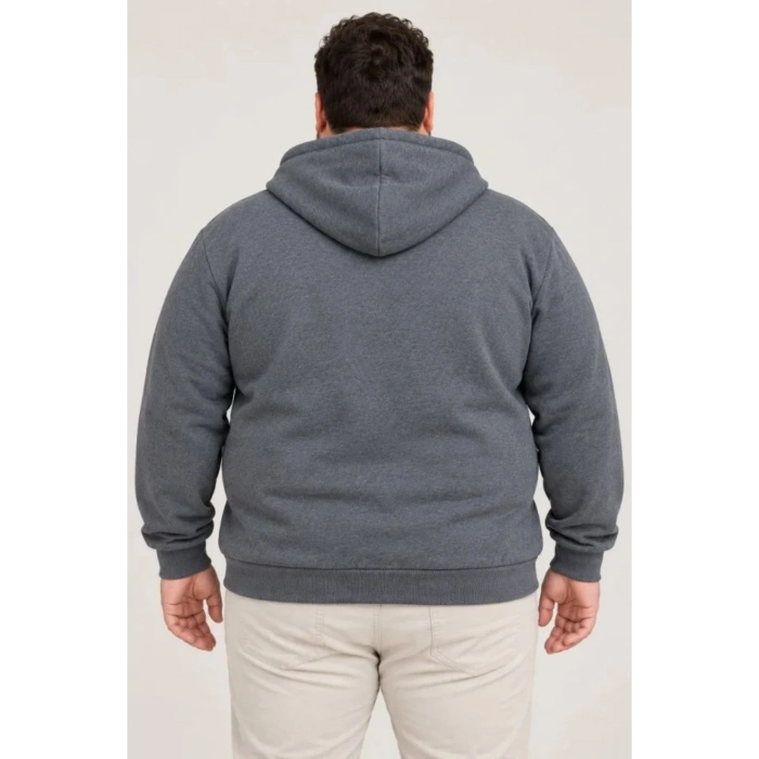 Erkek Battal Büyük Beden Üç İplik İçi Şardonlu Kapüşonlu Tam Fermuarlı Kışlık Sweatshirt - Füme