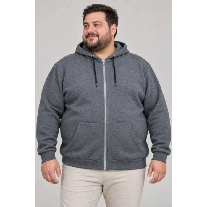 Erkek Battal Büyük Beden Üç İplik İçi Şardonlu Kapüşonlu Tam Fermuarlı Kışlık Sweatshirt - Füme