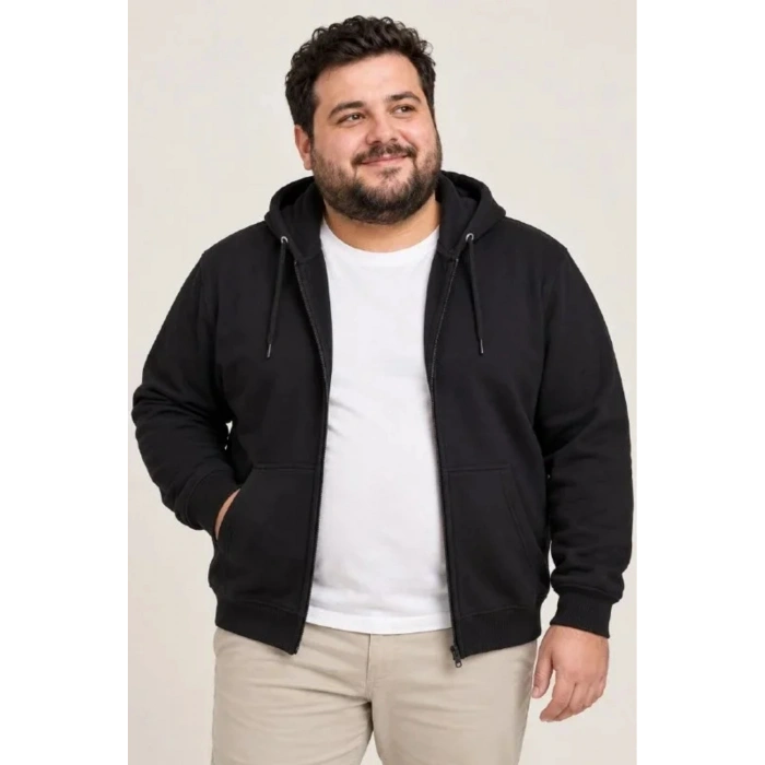 Erkek Battal Büyük Beden Üç İplik İçi Şardonlu Kapüşonlu Tam Fermuarlı Kışlık Sweatshirt - Siyah