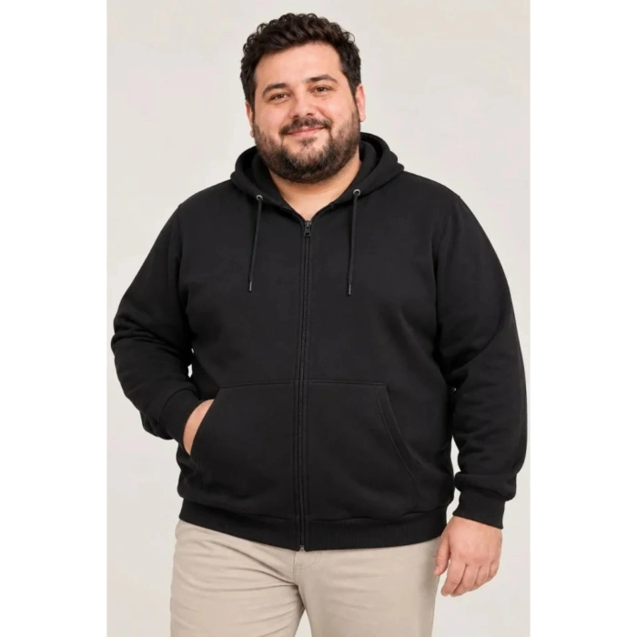 Erkek Battal Büyük Beden Üç İplik İçi Şardonlu Kapüşonlu Tam Fermuarlı Kışlık Sweatshirt - Siyah
