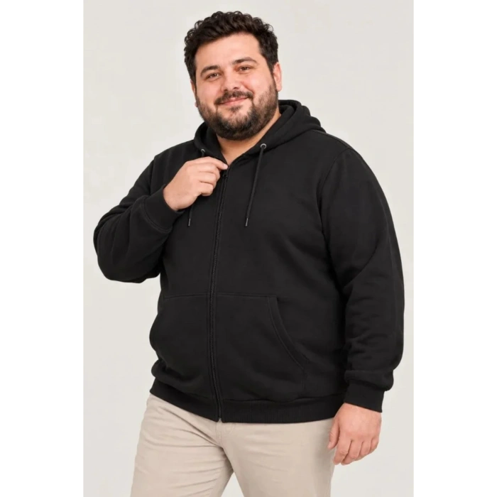 Erkek Battal Büyük Beden Üç İplik İçi Şardonlu Kapüşonlu Tam Fermuarlı Kışlık Sweatshirt - Siyah