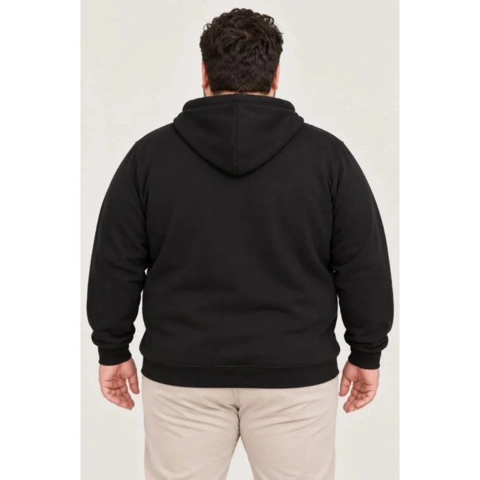 Erkek Battal Büyük Beden Üç İplik İçi Şardonlu Kapüşonlu Tam Fermuarlı Kışlık Sweatshirt - Siyah