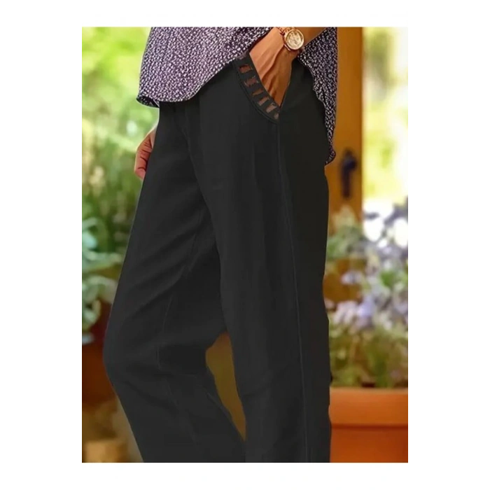 Kadın Beli Lastikli Bağcıklı Cep Ve Pantolon Ucu Güpür Detaylı Pantolon