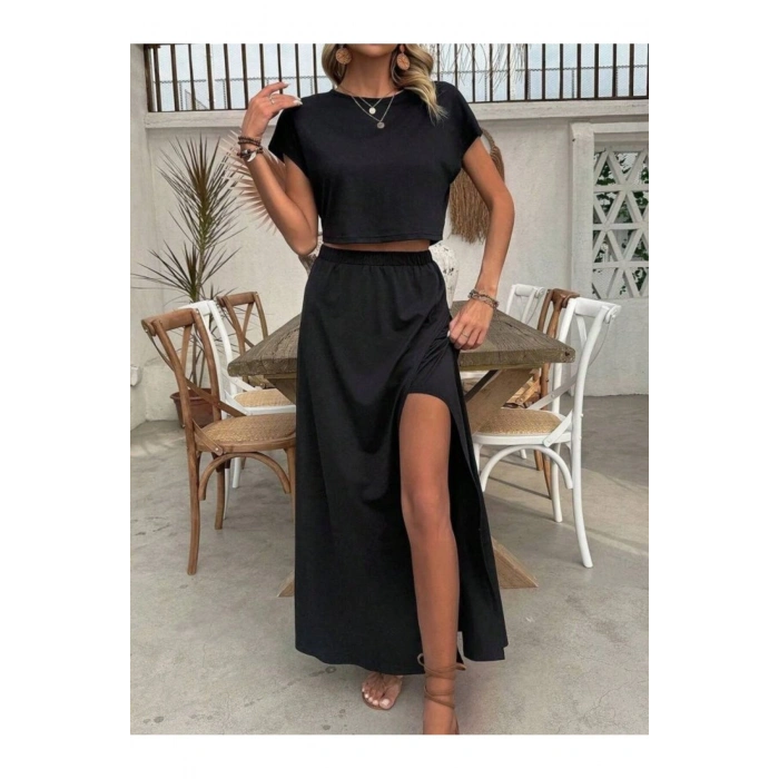 Kadın Kısa Kollu Bisiklet Yaka Viskon Krop Bluz Ve Uzun Etek Ikili Takım
