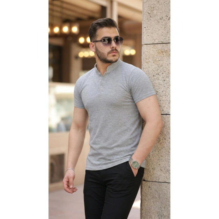 Erkek Hakim Yaka Dokuma Pamuklu Kumaş Kısa Kollu T-shirt
