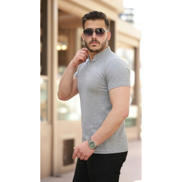 Erkek Hakim Yaka Dokuma Pamuklu Kumaş Kısa Kollu T-shirt