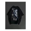 Unisex Bisiklet Yaka Baskılı Oversize T-Shirt - Siyah