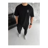Unisex Bisiklet Yaka Baskılı Oversize T-Shirt - Siyah