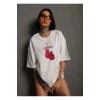 Unisex Bisiklet Yaka Baskılı Oversize T-Shirt - Beyaz