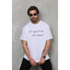 Unisex Bisiklet Yaka Baskılı Oversize T-Shirt - Beyaz