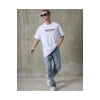 Unisex Bisiklet Yaka Baskılı Oversize T-Shirt - Beyaz