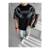 Unisex Bisiklet Yaka Baskılı Oversize T-Shirt-Siyah