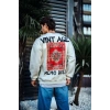 Oversize Bisiklet Yaka Üç İplik Baskılı SweatShirt - Beyaz
