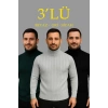 Erkek Fitilli Triko Kazak 3lÜ Set Gri Haki Siyah Regular Balıkcı Yaka Tam Boğazlı Triko Seti Modeli