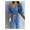 KETEN CROP KARPUZ KOL BLUZ-PANTOLON HASIR KEMERLİ - Mavi