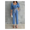 KETEN CROP KARPUZ KOL BLUZ-PANTOLON HASIR KEMERLİ - Mavi