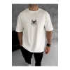 Unisex Bisiklet Yaka Baskılı Oversize T-Shirt - Beyaz