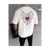 Unisex Bisiklet Yaka Baskılı Oversize T-Shirt - Beyaz