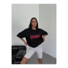 Unisex Bisiklet Yaka Baskılı Oversize T-Shirt - Siyah