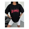 Unisex Bisiklet Yaka Baskılı Oversize T-Shirt - Siyah