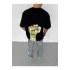 Unisex Bisiklet Yaka Baskılı Oversize T-Shirt - Siyah