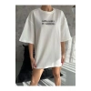 Unisex Bisiklet Yaka Baskılı Oversize T-Shirt - Beyaz