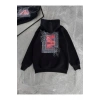 Uzun Kol Kapşonlu Ön Ve Arka Baskılı SweatShirt - Siyah
