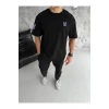 Unisex Bisiklet Yaka Baskılı Oversize T-Shirt - Siyah