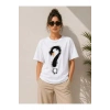 Kuğu Figürlü Soru İşareti Baskılı Tişört Kısa Kol T-Shirt - Beyaz