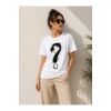 Kuğu Figürlü Soru İşareti Baskılı Tişört Kısa Kol T-Shirt - Beyaz