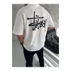 Unisex Bisiklet Yaka Baskılı Oversize T-Shirt - Beyaz