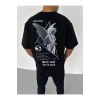 Unisex Bisiklet Yaka Baskılı Oversize T-Shirt - Siyah