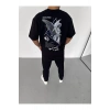 Unisex Bisiklet Yaka Baskılı Oversize T-Shirt - Siyah