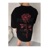 Unisex Bisiklet Yaka Baskılı Oversize T-Shirt - Siyah