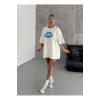 Unisex Bisiklet Yaka Baskılı Oversize T-Shirt - Beyaz