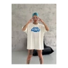 Unisex Bisiklet Yaka Baskılı Oversize T-Shirt - Beyaz