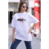 Unisex Bisiklet Yaka Baskılı Oversize T-Shirt - Beyaz