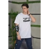 Unisex Bisiklet Yaka Baskılı Oversize T-Shirt - Beyaz