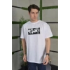 Unisex Bisiklet Yaka Baskılı Oversize T-Shirt - Beyaz